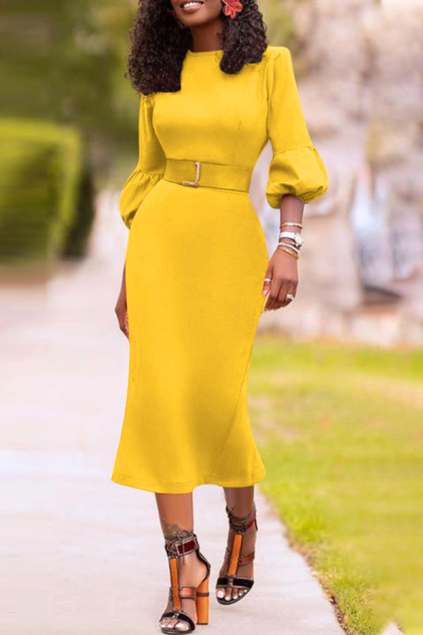 Yellow Casual lantern sleeve Long Sleeves O neck Slim Dress Knee-Length Others Dresses (Without Belt)