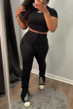 Red Fashion Casual Solid Fold O Neck Short Sleeve Two Pieces