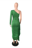 Pink Fashion Sexy Solid Patchwork Backless Oblique Collar Long Sleeve Dresses
