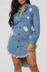 Blue Fashion Casual Solid Ripped Asymmetrical Turndown Collar Long Sleeve Dresses