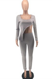 Grey Casual Sportswear Solid Asymmetrical Square Collar Long Sleeve Two Pieces