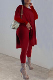 Rose Red Casual Solid Patchwork Slit O Neck Long Sleeve Two Pieces