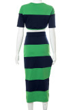 Green Casual Striped Print Patchwork Slit O Neck Short Sleeve Two Pieces