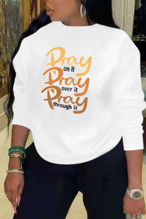 White Casual Print Split Joint O Neck Tops