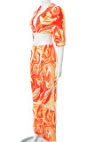 Purple Sexy Print Patchwork Turndown Collar Half Sleeve Two Pieces