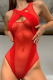 Red Sexy Solid Mesh Halter Skinny Swimwears