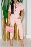 Pink Casual Solid Patchwork Buttons With Belt Turndown Collar Regular Jumpsuits