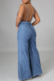 Blue Casual Solid Split Joint Spaghetti Strap Straight Jumpsuits