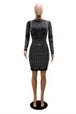 Black Fashion Sexy Patchwork Hot Drilling Beading Half A Turtleneck Long Sleeve Dresses