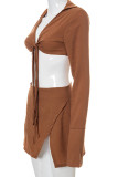 Brown Sexy Solid Patchwork Frenulum Backless Asymmetrical Turndown Collar Long Sleeve Two Pieces