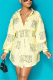 Yellow Fashion Regular Sleeve Long Sleeve Turndown Collar Shirt Dress Mini Print Dresses