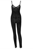 Black Fashion Sexy Print Backless Spaghetti Strap Skinny Jumpsuits