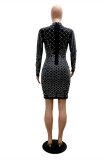 Black Fashion Sexy Patchwork Hot Drilling Beading Half A Turtleneck Long Sleeve Dresses