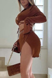 Brown Sexy Solid Patchwork Frenulum Backless Asymmetrical Turndown Collar Long Sleeve Two Pieces