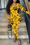 Yellow Fashion Casual Print Basic O Neck Skinny Jumpsuits