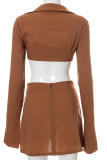 Brown Sexy Solid Patchwork Frenulum Backless Asymmetrical Turndown Collar Long Sleeve Two Pieces