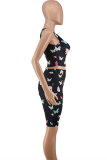 Black Fashion Casual Butterfly Print Basic U Neck Sleeveless Two Pieces