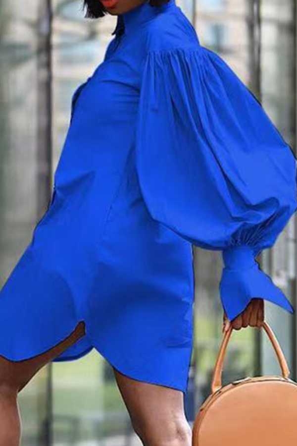 Blue Casual Solid Patchwork Turndown Collar Shirt Dress Dresses