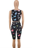 Black Fashion Casual Butterfly Print Basic U Neck Sleeveless Two Pieces