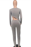 Grey Casual Sportswear Solid Asymmetrical Square Collar Long Sleeve Two Pieces