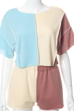 Blue Casual Solid Patchwork O Neck Short Sleeve Two Pieces