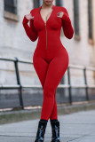 Red Casual Sportswear Solid Basic Zipper Collar Skinny Jumpsuits