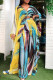 Blue Yellow Fashion Casual Print Slit V Neck Long Sleeve Two Pieces