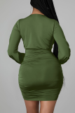 Army Green Sexy Solid Patchwork V Neck Pencil Skirt Dresses