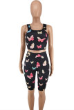 Black Fashion Casual Butterfly Print Basic U Neck Sleeveless Two Pieces