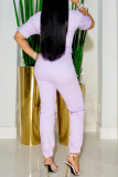 Pink Casual Solid Patchwork Buttons With Belt Turndown Collar Regular Jumpsuits