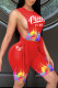 Red Fashion Sexy Letter Print Strap Design Round Neck Sleeveless Two Pieces