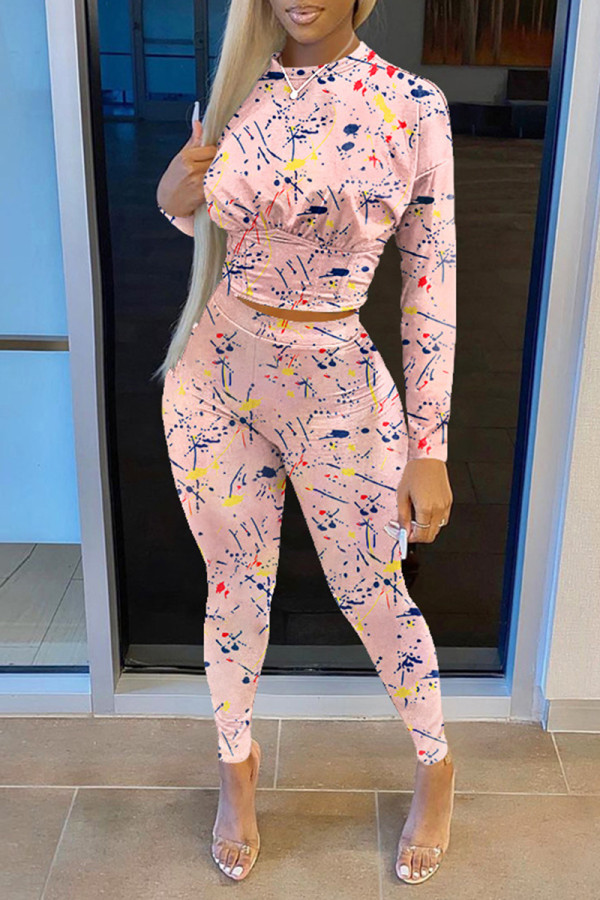 Pink Fashion Casual Print Basic O Neck Long Sleeve Two Pieces