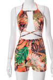 Tangerine Sexy Print Hollowed Out Patchwork Frenulum Backless Halter Skinny Rompers
