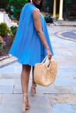 Blue Casual Solid Patchwork O Neck Cake Skirt Dresses
