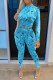 Blue Fashion Casual Print Basic O Neck Long Sleeve Two Pieces