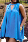 Blue Casual Solid Patchwork O Neck Cake Skirt Dresses