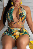 Tangerine Sexy Print Hollowed Out Patchwork Frenulum Backless Halter Skinny Rompers