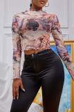 Multicolor Fashion Casual Print Basic O Neck Tops