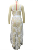White Sexy Patchwork Embroidered See-through Backless Spaghetti Strap Irregular Dress