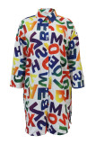 White Casual Letter Print Patchwork Buckle Turndown Collar Tops