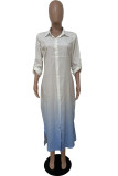 Light Blue Casual Gradual Change Print Patchwork Buckle Turndown Collar Shirt Dress Dresses
