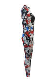 Black White Street Print Patchwork Zipper Zipper Collar Skinny Jumpsuits
