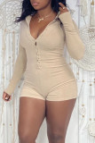 Grey Casual Solid Patchwork Buckle Turndown Collar Skinny Rompers