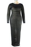Black Sexy Striped Print Split Joint See-through O Neck Straight Plus Size Dresses