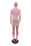 Pink Fashion Casual Solid Patchwork Zipper Collar Long Sleeve Dresses