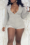 Grey Casual Solid Patchwork Buckle Turndown Collar Skinny Rompers