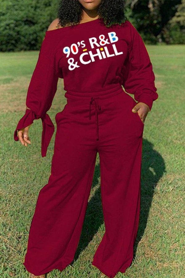 Wine Red Street Solid Oblique Collar Regular Jumpsuits