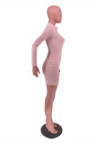 Pink Fashion Casual Solid Patchwork Zipper Collar Long Sleeve Dresses