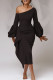 Black Elegant Solid Patchwork Flounce Asymmetrical Oblique Collar Dresses