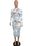Light Blue Sexy Patchwork Tie-dye O Neck Pencil Skirt Dresses